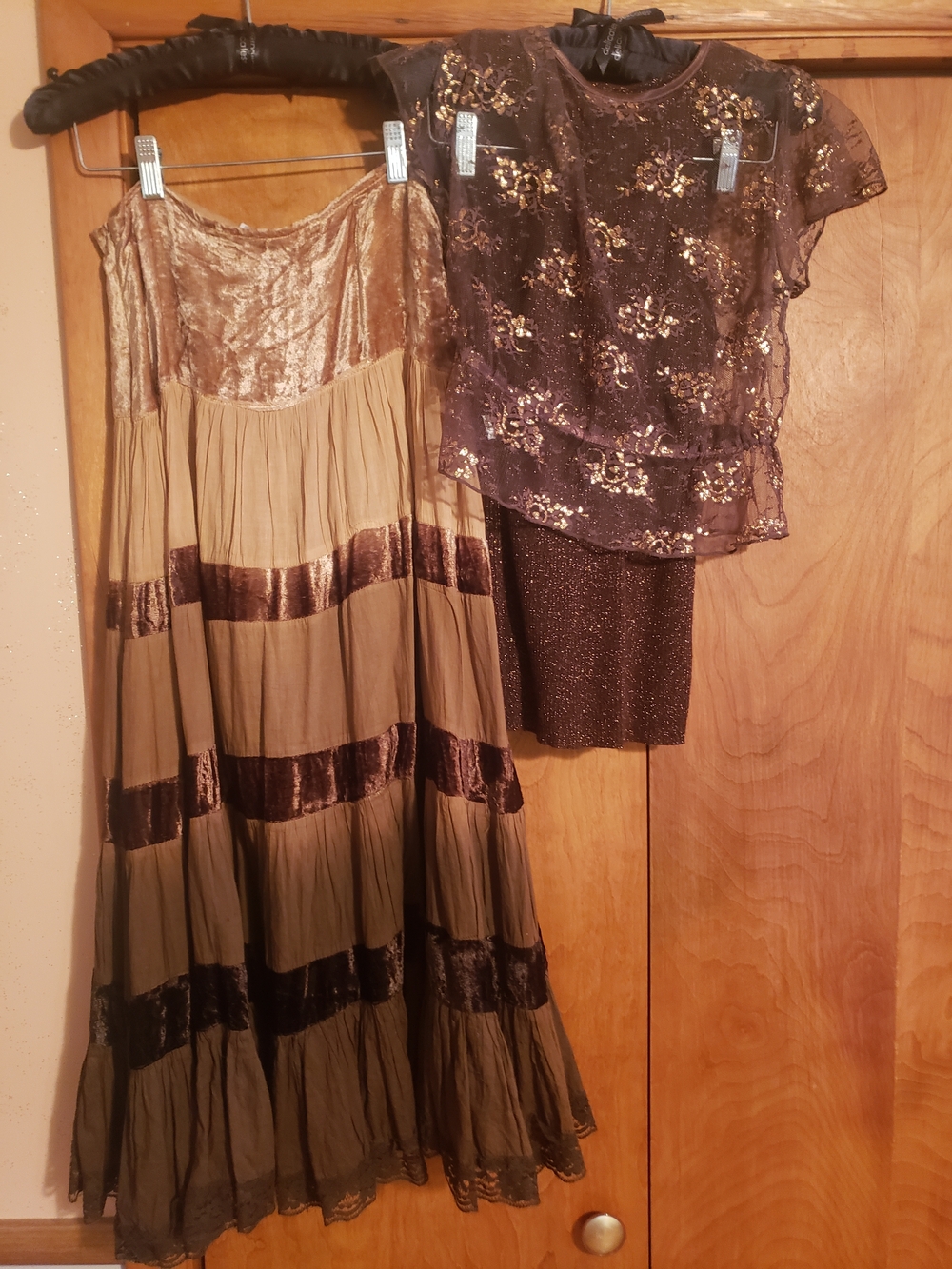 Brown N Gold 3 Piece Peasant Skirt Outfit With Gold Sparkles And Velvet Trim